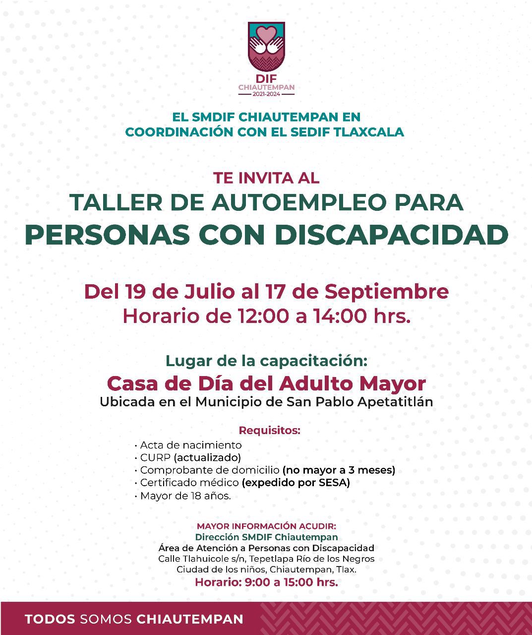 Invita SMDIF Chiautempan a taller de autoempleo para personas con discapacidad